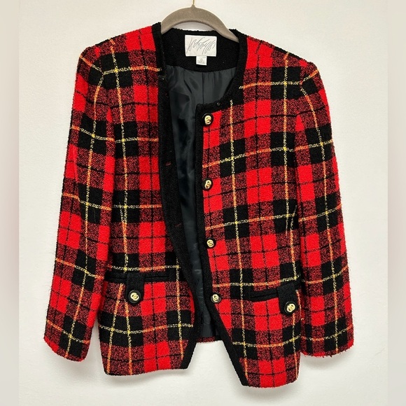Vintage Lord & Taylor Red Gold Black plaid patterned Women’s Blazer size 6​​ - Picture 2 of 8